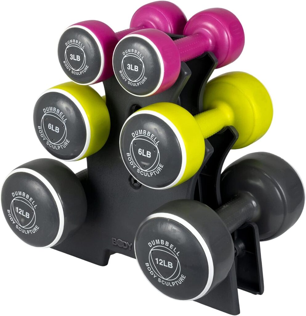 Body Sculpture Neoprene-Coated Free‑Weight Dumbbell Set with Rack Set includes 3, 6 and 12 lb weights ideal for men and women for small and large muscle groups.