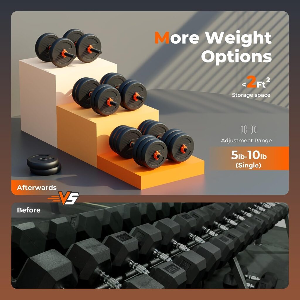 FEIERDUN Adjustable Dumbbells, 20/30/40/50/70/90lbs Free Weight Set with Connector, 4 in1 Dumbbells Set Used as Barbell, Kettlebells, Push up Stand, Fitness Exercises for Home Gym Suitable Men/Women