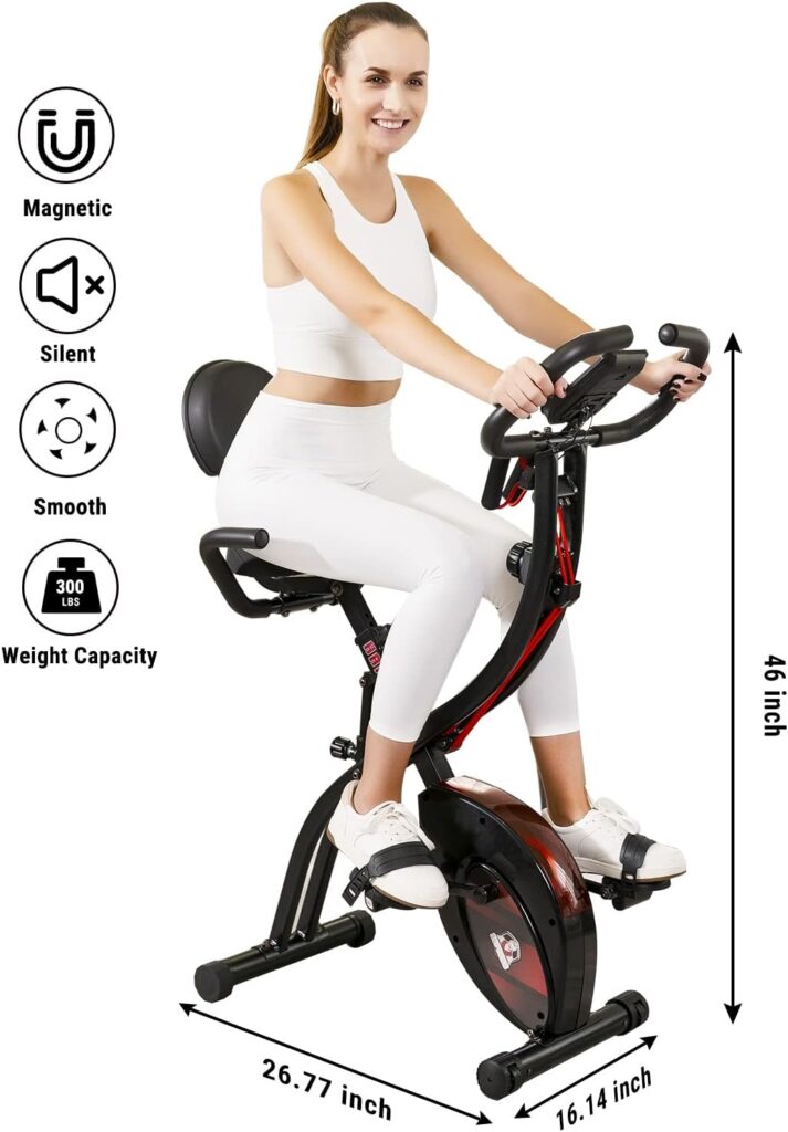 HAPBEAR Folding Exercise Bike Magnetic Foldable Stationary Bike, 3 in 1 Mode Indoor Upright Fitness Workout X-Bike with 8-Level Resistance and Arm Resistance Band, Pulse Sensor,LCD Monitor