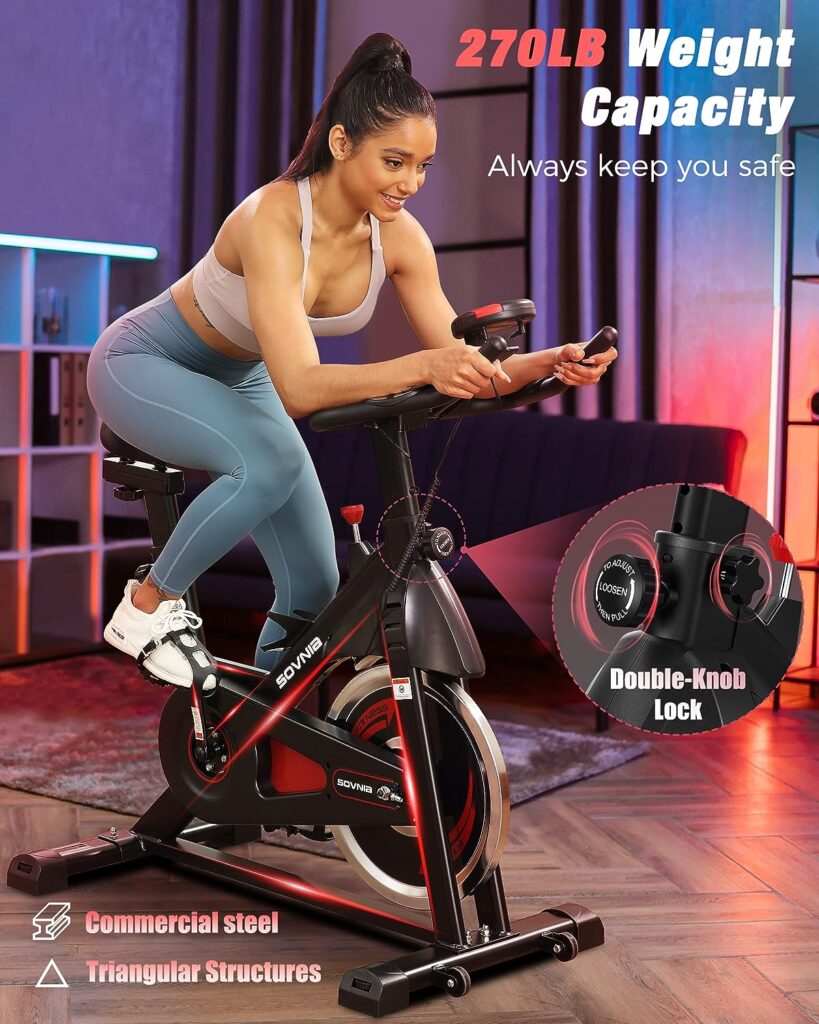 Sovnia Stationary Exercise Bike 270 lbs Capacity, Indoor Cycling Bike with LCD Monitor, iPad Holder  Comfy Seat Cushion